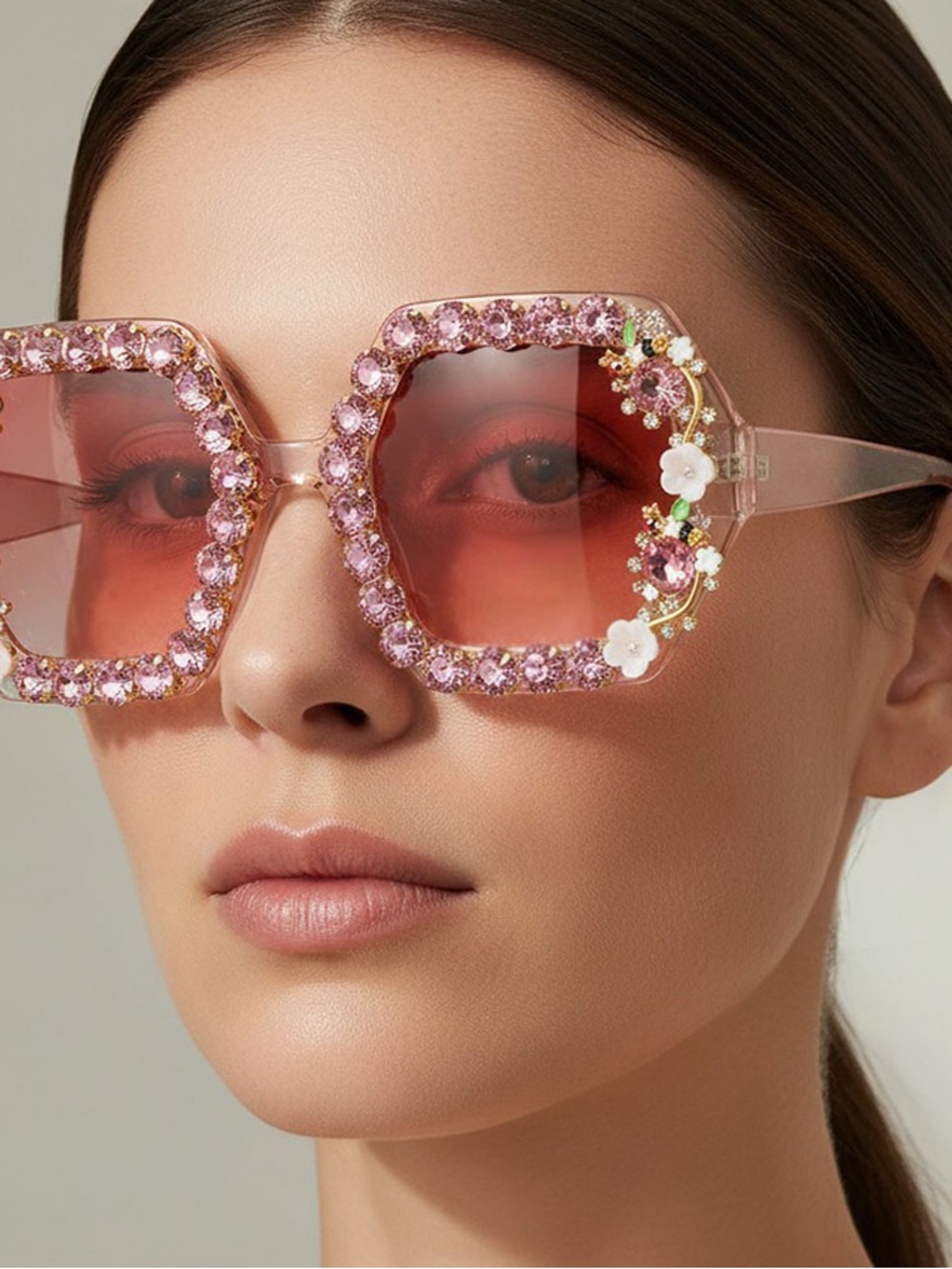 Embellished Pink Crystal Square Sunglasses - Women's Fashion Accessory